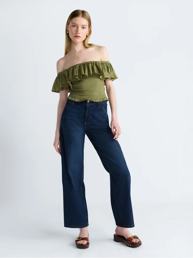 Scoop Women\u2019s and Women\u2019s Plus Off-the-Shoulder Smocked Ruffle Cotton Top, Sizes XS-4X | Walmart (US)