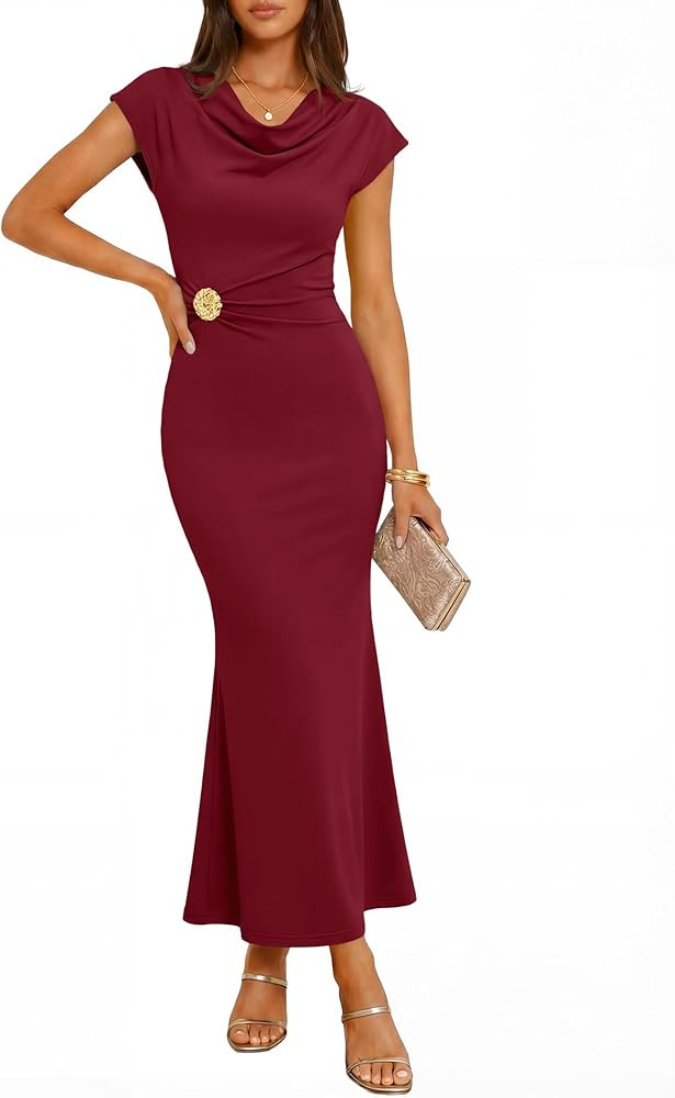 ZESICA Women's Summer Cowl Neck Bodycon Dress 2026 Cap Sleeve Ruched Elegant Wedding Guest Cockta... | Amazon (US)
