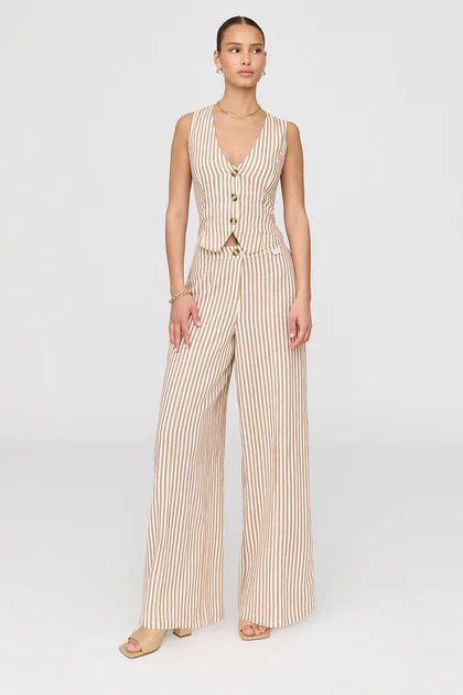 ATHENS LINEN BLEND TAILORED WIDE LEG TROUSERS - TAUPE STRIPE | TALA (UK)