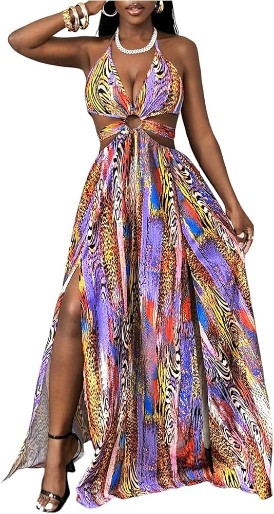 OYOANGLE Women's Boho Maxi Dress Printed Ring Linked Tie Backless High Slit Ruffle A Line Vacatio... | Amazon (US)