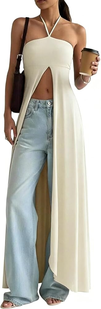 Unybwonn Women Halter Maxi Top Sleeveless High Split Flowy Shirt Tunic Sexy Backless Travel Vacat... | Amazon (US)