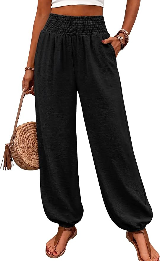 WIHOLL Women's Smocked High Waist Harem Pants, Lightweight Linen Look Balloon Pants with Elastic ... | Amazon (US)