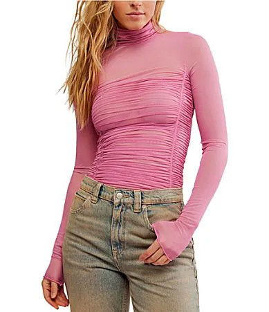 Free People Under It All Sheer Mesh Mock Neck Long Sleeve Thong Bodysuit - XS | Dillard's