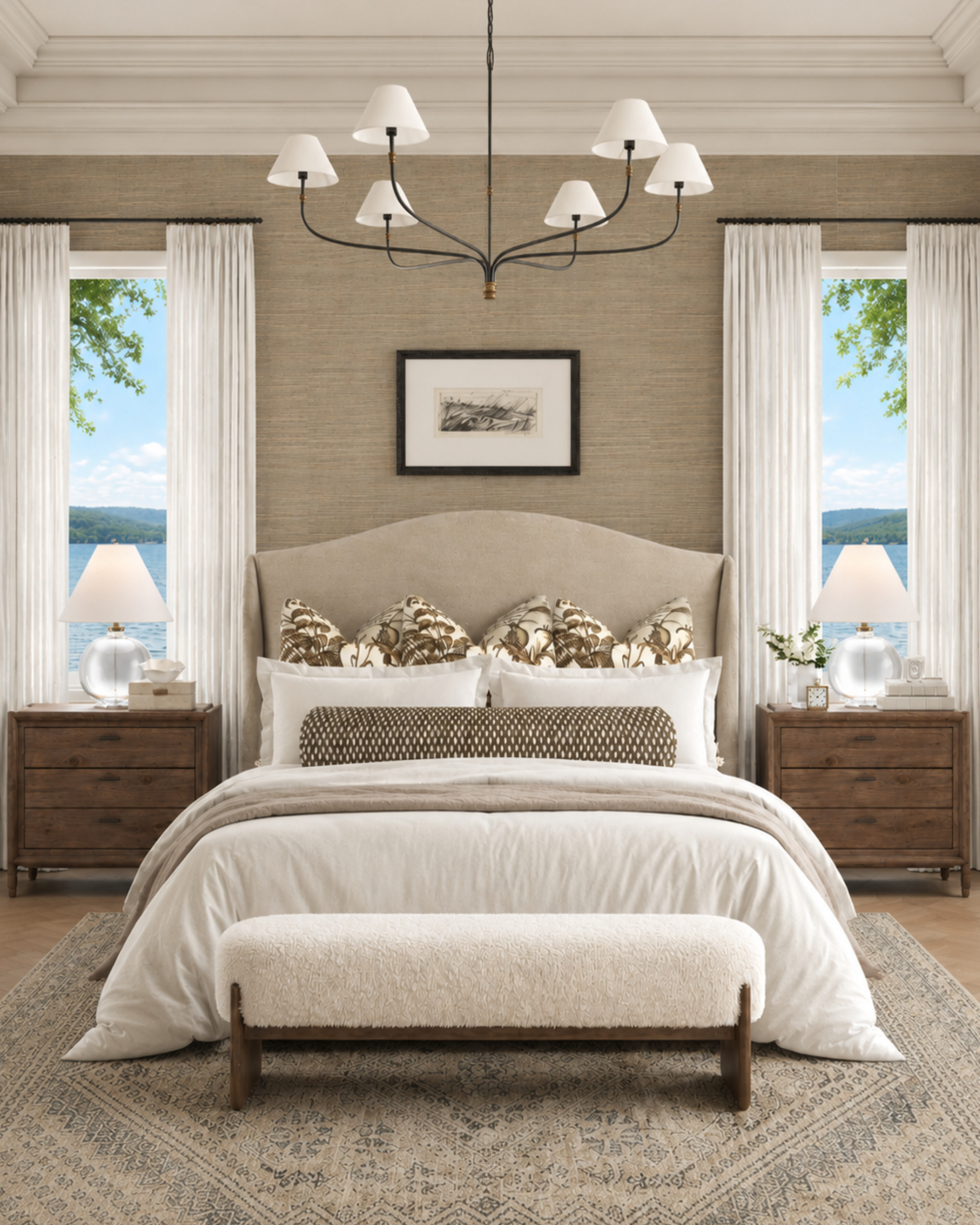 There’s something about a lake house bedroom that should instantly make you exhale. ✨

Soft layered neutrals, warm wood tones, tailored bedding, and a quiet water view create that relaxed luxury feeling without being overly formal. I love how this space feels polished but still comfortable enough to spend all weekend in.

The textured wallpaper, sculptural chandelier, and warm brown accents keep the room feeling grounded while the crisp white bedding keeps everything light and airy. Exactly the kind of primary suite that never goes out of style. 

 #LTKHome