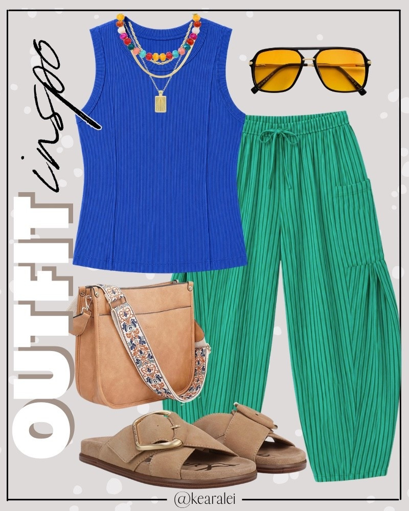 Summer outfits back to school outfits fall outfit casual outfit cool mom outfit Free People inspired outfit look for less Amazon fashion affordable outfits bright blue tank top sleeveless top with raw hem details y2k top with kelly green striped linen wide leg harem barrel flowy boho pants elastic waist drawstring barrel leg linen pants tan brown suede leather Sam Edelman Darla sandals slides look for less strappy buckle sandals slides shoes boho outfit casual mom outfit momiform mom style midsize outfit tan leather crossbody purse with embroidered strap chunky beaded necklaces layered with gold jewelry necklaces retro yellow orange aviator sunglasses || #freepeople #boho #amazon #walmart #target #spring #summerr 
.
.
deals sales sale alert Amazon fashion, teacher outfits, business casual, casual outfits, neutrals, street style, Midi skirt, Maxi Dress, Swimsuit, Bikini, Travel, skinny Jeans, Puffer Jackets, Concert Outfits, Cocktail Dresses, Sweater dress, Sweaters, cardigans Fleece Pullovers, hoodies, button-downs, Oversized Sweatshirts, Jeans, High Waisted Leggings, dresses, joggers, fall Fashion, winter fashion, leather jacket, Sherpa jackets, Deals, shacket, Plaid Shirt Jackets, apple watch bands, lounge set, Date Night Outfits, Vacation outfits, Mom jeans, shorts, sunglasses, Disney outfits, Romper, jumpsuit, Airport outfits, biker shorts, Weekender bag, plus size fashion, Stanley cup tumbler, boots booties tall over the knee, ankle boots, Chelsea boots, combat boots, pointed toe, chunky sole, heel, high heels, mules, clogs, sneakers, slip on shoes, Nike, adidas, vans, dr. marten’s, ugg slippers, golden goose, sandals, loafers, Birkenstocks, Steve Madden Target, Abercrombie and fitch

#LTKootd #LTKgrwm #LTKSeasonal