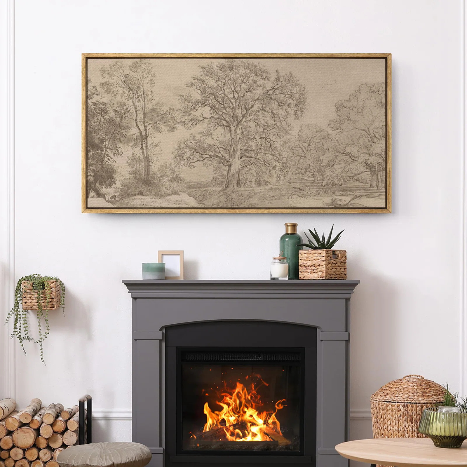 IDEA4WALL Rustic Countryside Vintage Landscape Sketch Tree and Landscape Pattern Modern Art Extra... | Wayfair North America