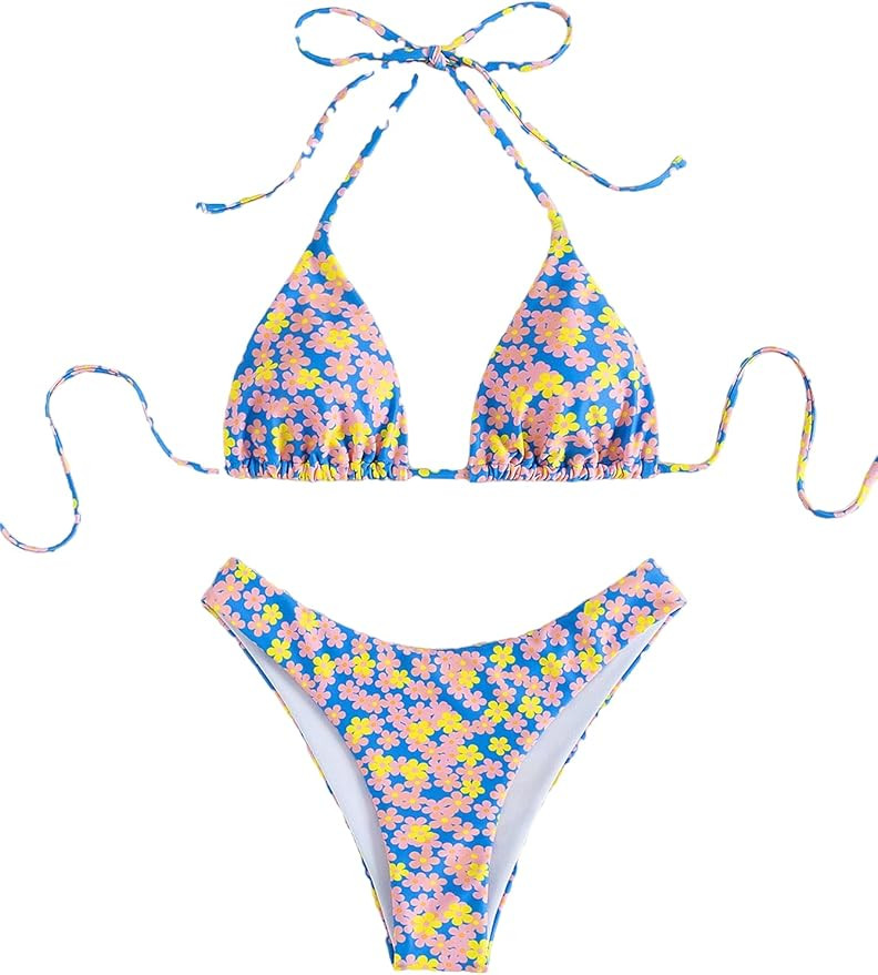 SOLY HUX Women's Floral Print Halter Triangle Tie Side Bikini Bathing Suits 2 Piece Swimsuits | Amazon (US)