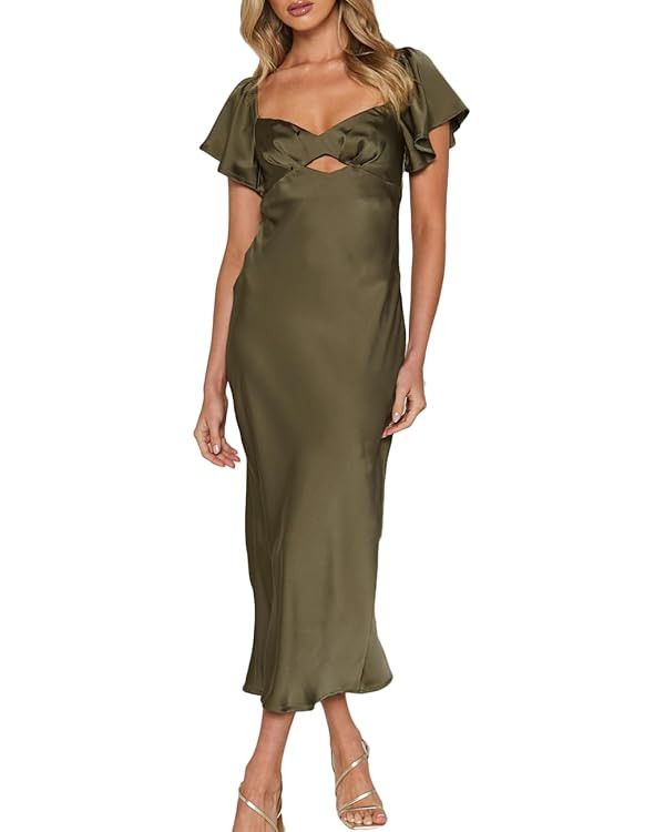 Summer Satin Flutter Sleeve Wedding Guest Dresses for Women Sweetheart Neckline Cutout Tie Back M... | Amazon (US)