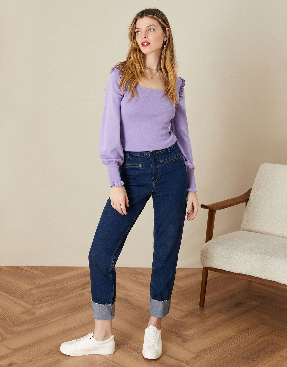 Square Neck Ruffle Jumper Purple | Monsoon (UK)