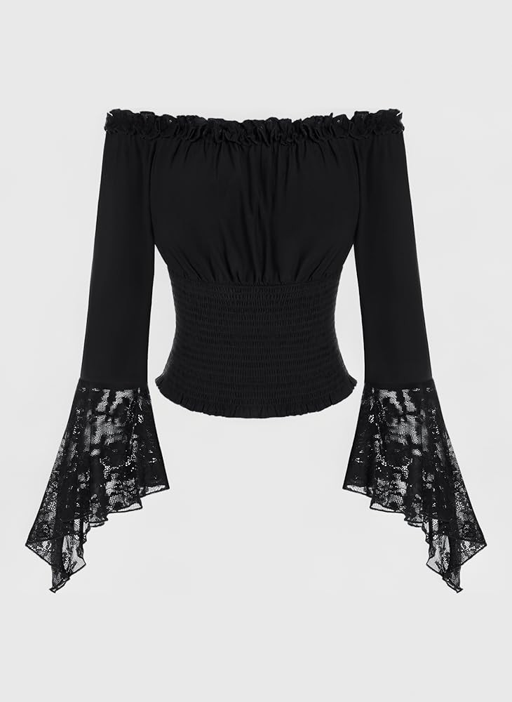 SCARLET DARKNESS Damen Renaissance Bluse Langarm mit Spitze Schulterfrei Tops Gesmokte Taille Obe... | Amazon (DE)