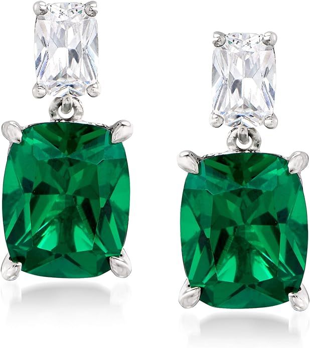 Ross-Simons 8.50 ct. t.w. Simulated Emerald and 1.10 ct. t.w. CZ Drop Earrings in Sterling Silver | Amazon (US)