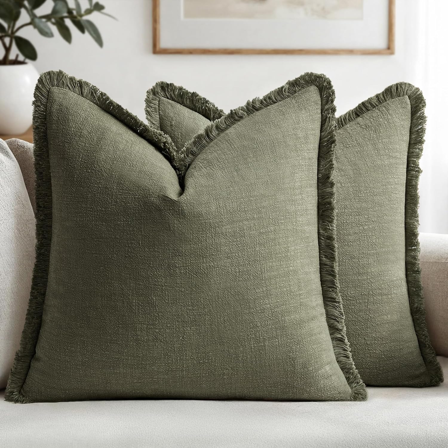 MIULEE Decorative Throw Pillow Covers Neutral Linen Fringe Throw Pillows Set of 2 Olive Green Boh... | Amazon (US)