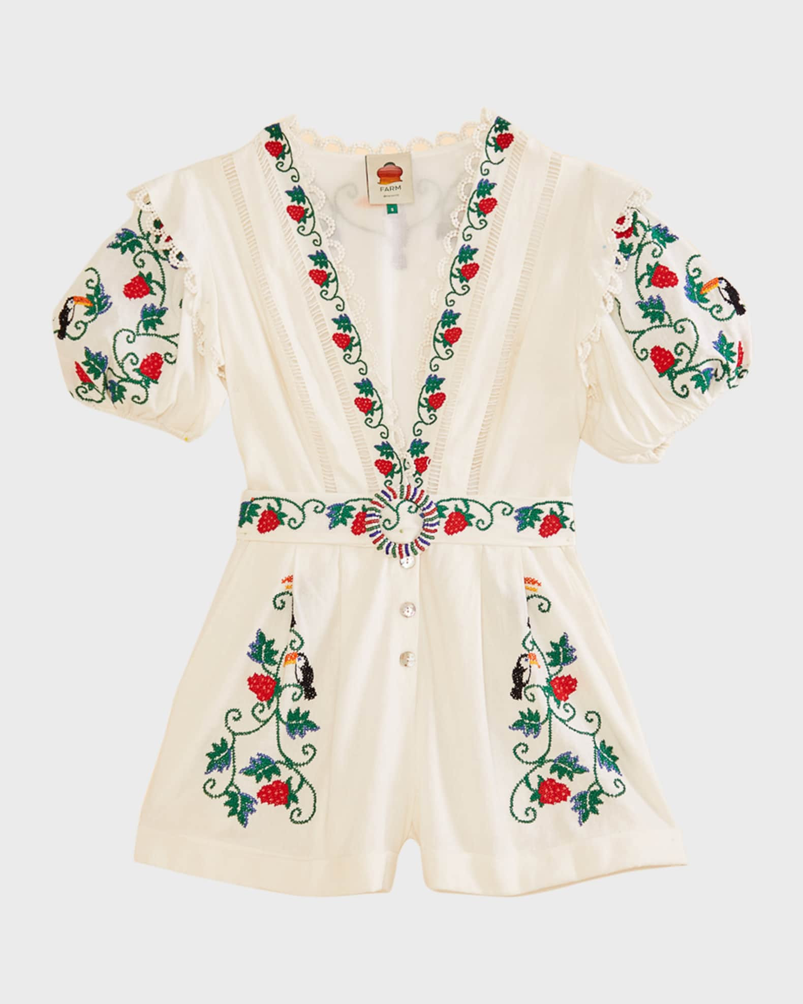 Cross Stitch Tucan Embroidery Romper | Neiman Marcus