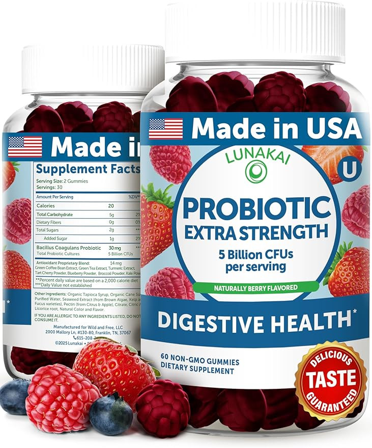 Lunakai USA Made Probiotic Gummies - 5 Billion CFUs, Vegan, Non-GMO, Gluten-Free - Digestive & Im... | Amazon (US)