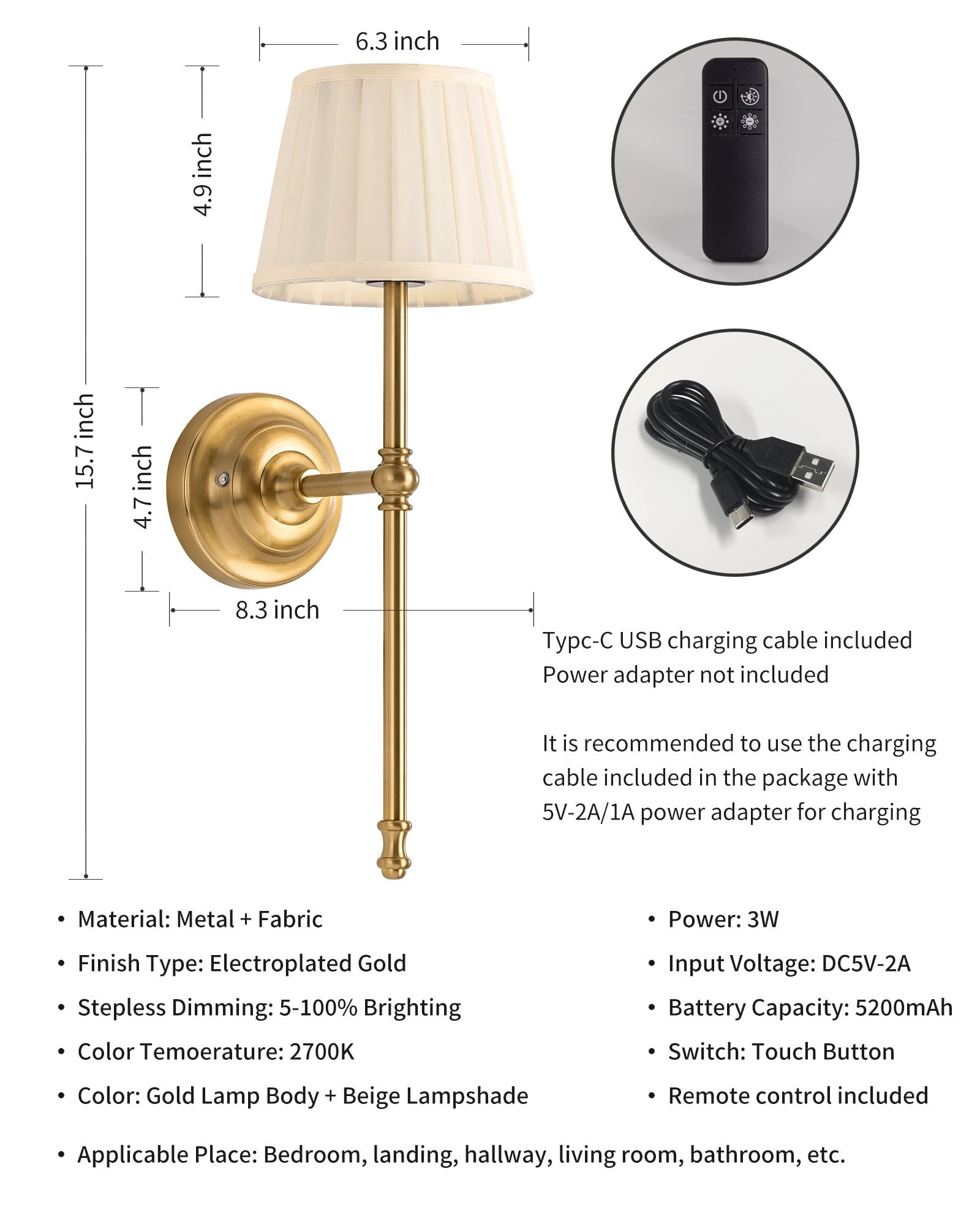 KDG Cordless Wall Sconces Set of 2, Small Wireless 5200mAh Rechargeable Battery Fabric LED Wall L... | Amazon (US)