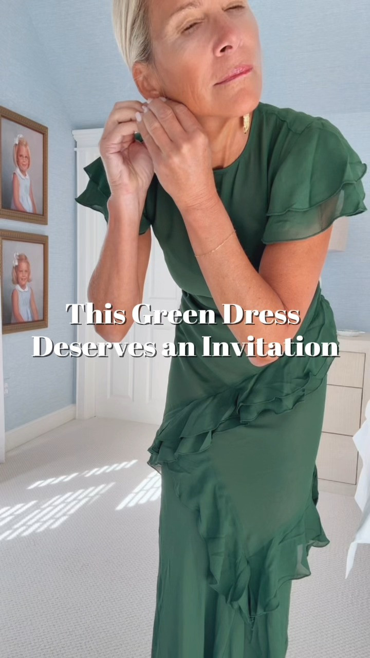 Well, I think I've found a very good reason to get dressed up this holiday season. This green maxi dress has the prettiest ruffle details, a beautiful shape, and just enough drama to feel special without being over the top. Add statement earrings and a little clutch, and I'm ready for a wedding, holiday party, or fancy dinner. I absolutely love this color! 

 #LTKdayinmylife #LTKgrwm #LTKootd