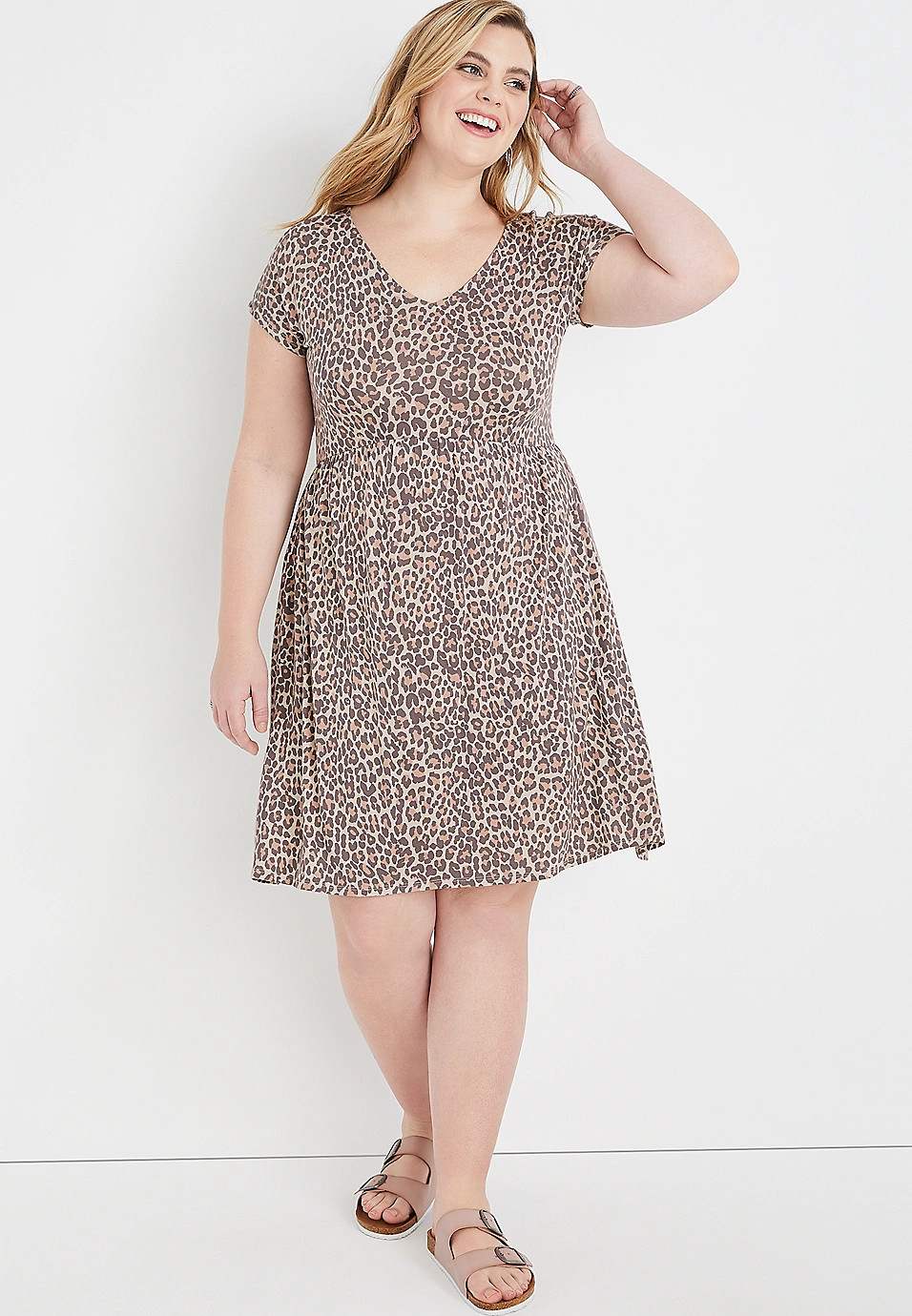 Plus Size 24/7 Leopard Short Sleeve Babydoll Mini Dress | Maurices
