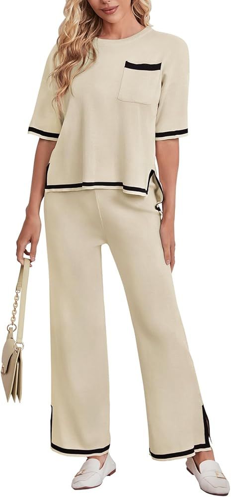 Women 2 Piece Outfits Lounge Sets Short Sleeve Knit Sweater Top Wide Leg Pants Matching Set | Amazon (US)