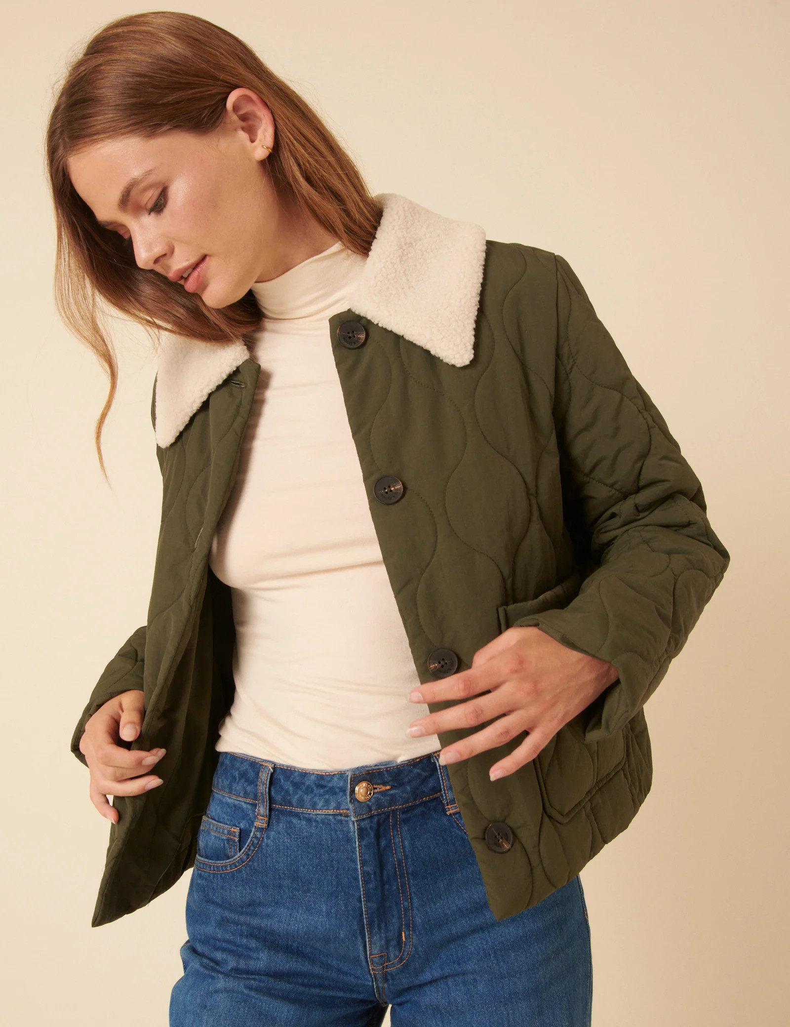 Khaki Quilted Borg Collar Jacket | Nobody's Child