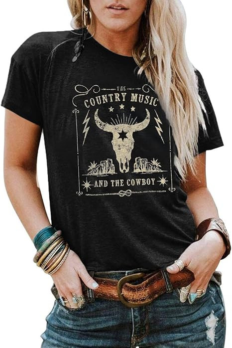 LUKYCILD Western T Shirt for Women Wallen Bull Skull Shirt Vintage Cowboy Country Tshirt Western ... | Amazon (US)
