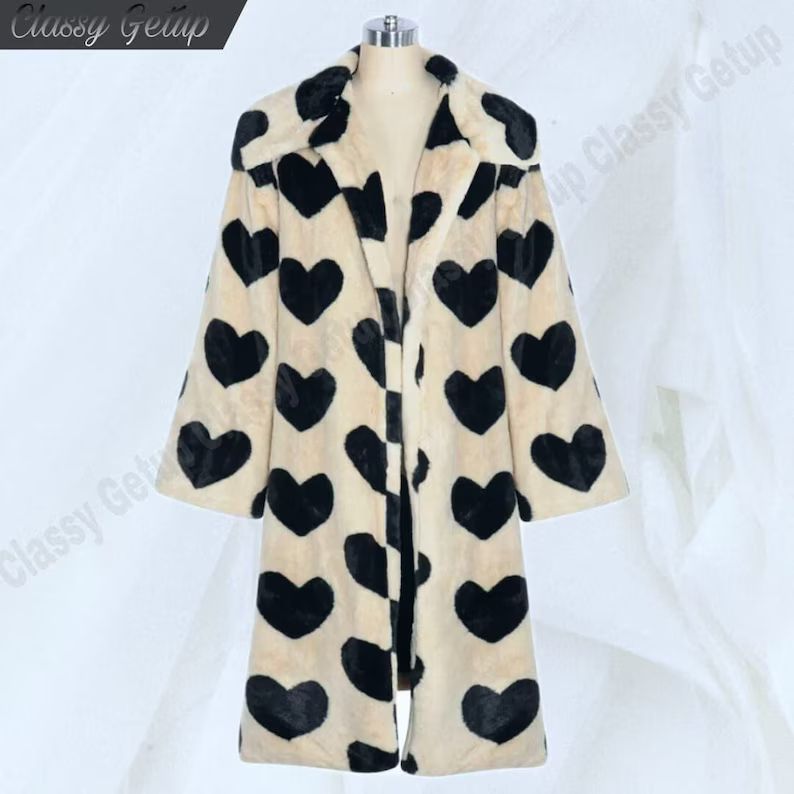 Women Faux Fur Coat Heart Pattern Long Turn Down Collar - Etsy | Etsy (US)