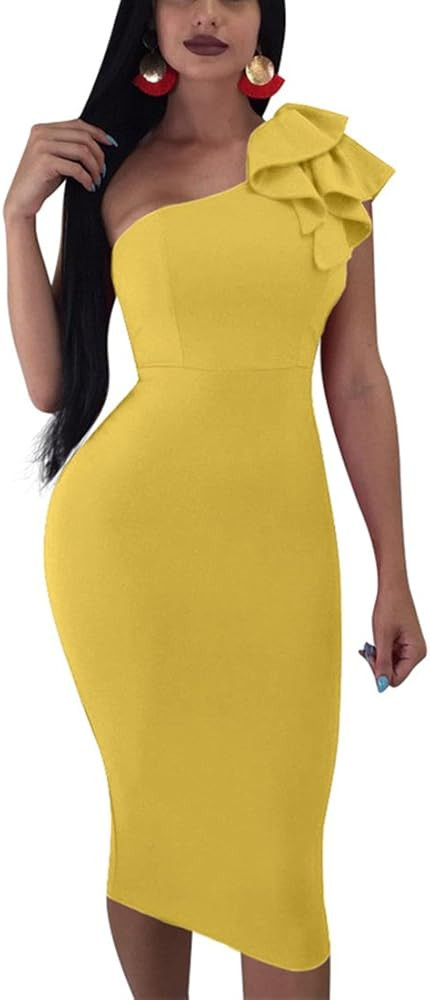 Mokoru Women's Sexy Ruffle One Shoulder Bodycon Elegant Cocktail Party Midi Dresses | Amazon (US)