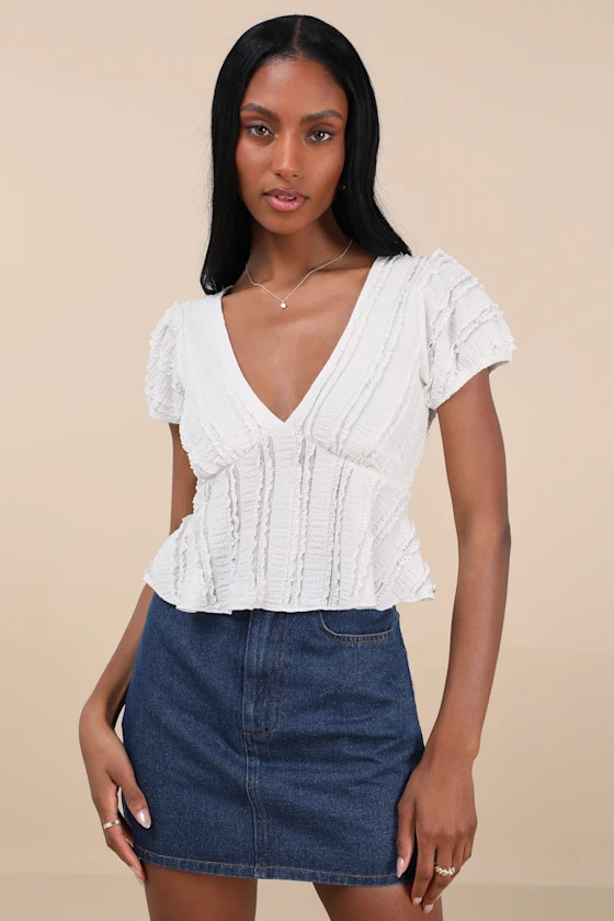 Estela Ivory Ruffled Puff Sleeve Peplum Crop Top | Lulus