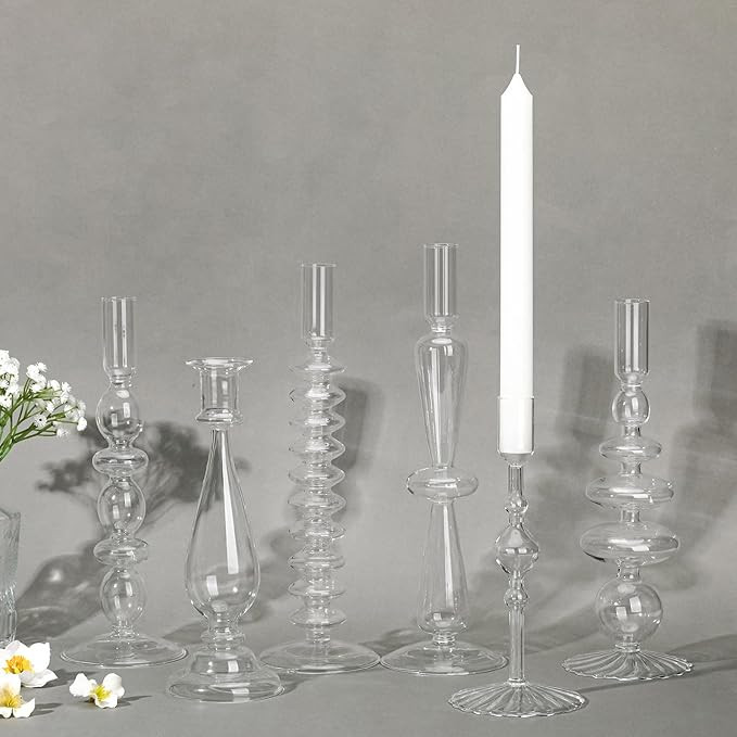 6 Pcs Glass Candlestick Holders Colorful Glass Taper Candle Holders Stand Clear Wavy Groovy Candl... | Amazon (US)