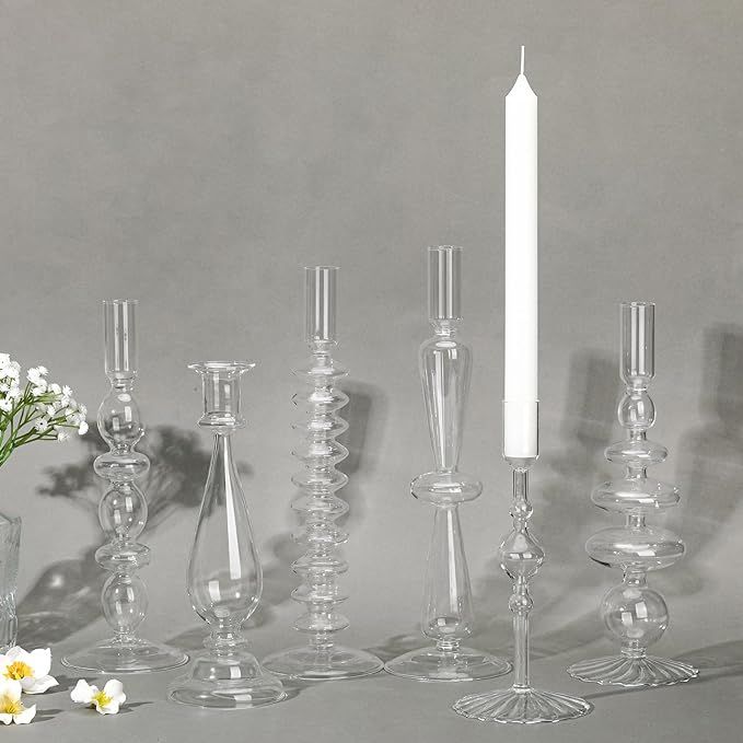 6 Pcs Glass Candlestick Holders Colorful Glass Taper Candle Holders Stand Clear Wavy Groovy Candl... | Amazon (US)