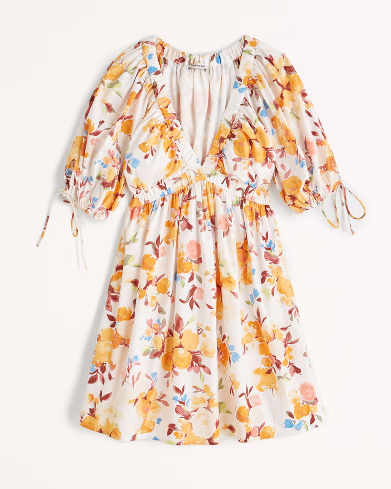 Poplin Puff Sleeve Babydoll Mini Dress | Abercrombie & Fitch (US)