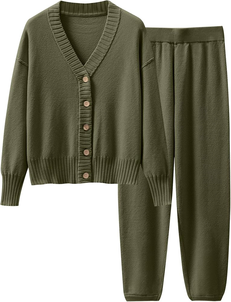 ANRABESS Women 2 Piece Outfits Waffle Knit Long Sleeve Cardigan Set Casual Sweater Pants Lounge S... | Amazon (US)