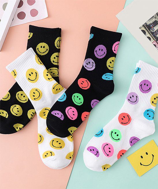 Idowela Black & Yellow Smiley Face Four-Pair Crew Socks Set - Women | Zulily