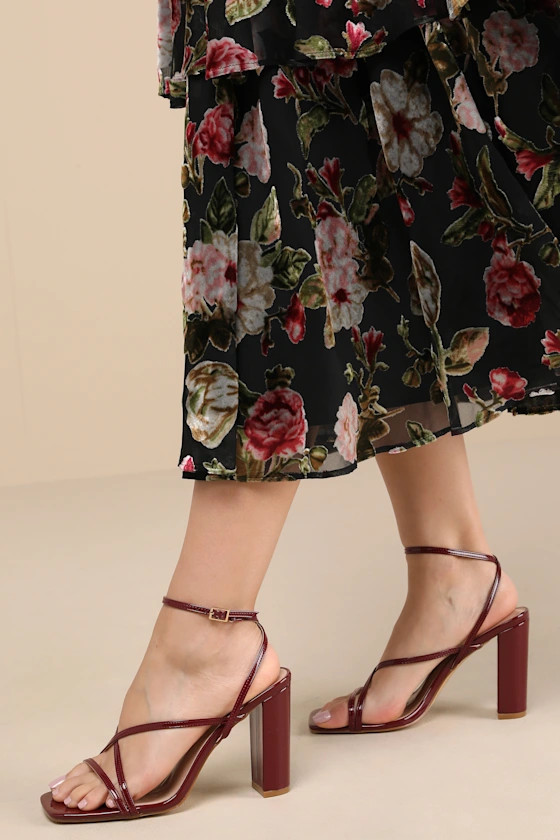 Makennaa Oxblood Patent Strappy High Heel Ankle Strap Sandals | Lulus