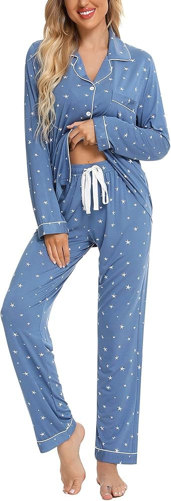 Leikar Button Up Pajama Set For Women Long Sleeve Shirt And Pajama Pants Soft Pjs Lounge Sets | Amazon (US)