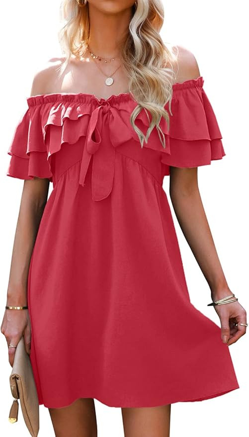 OQC Women's Blue Jean Dress Off Shoulder Ruffle Short Sleeve Loose Denim Mini Dress with Pocket | Amazon (US)