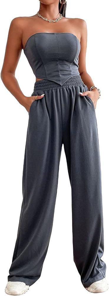 OYOANGLE Women's 2 Piece Outfits Graphic Tube Top and Drawstring Sweatpants Set | Amazon (US)