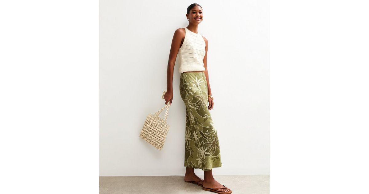 Green Palm Tree Print Midi Skirt  | New Look | New Look (UK)