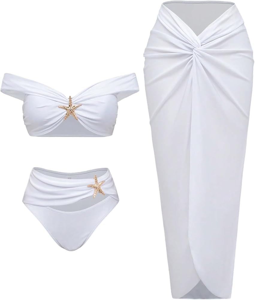 SOLY HUX 3 Piece Swimsuits for Women Sexy Summer Gold Off-Shoulder Bikini Sets Cover Up Skirt Bat... | Amazon (US)