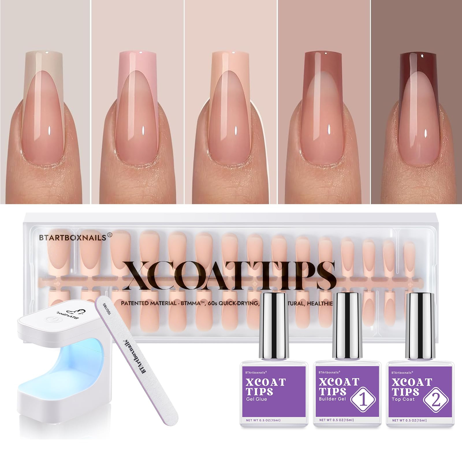 BTArtboxnails XCOATTIPS French Gel Nails - Skin Tones French Tip Press on Nails, Long Square Nail... | Amazon (US)