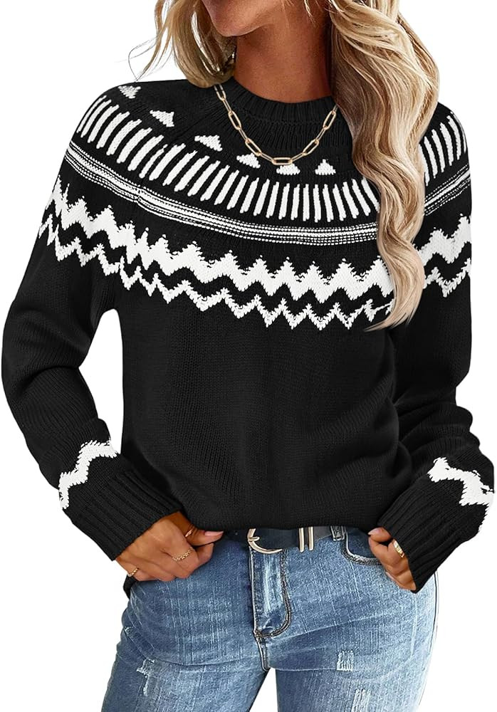 MEROKEETY Women's 2024 Fall Winter Striped Pullover Sweater Trendy Crew Neck Long Sleeve Vintage ... | Amazon (US)