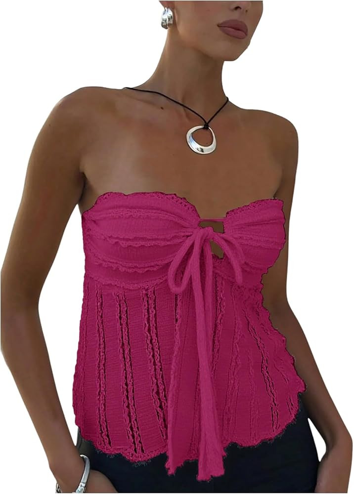 SOLY HUX Women's Tie Front Frill Trim Tube Top Strapless Asymmetrical Going Out Tops | Amazon (US)