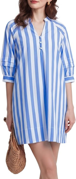 Womens Striped Mini Dress V Neck Casual Summer 3/4 Lantern Sleeves Loose Beach Tunic Shift Dresse... | Amazon (US)