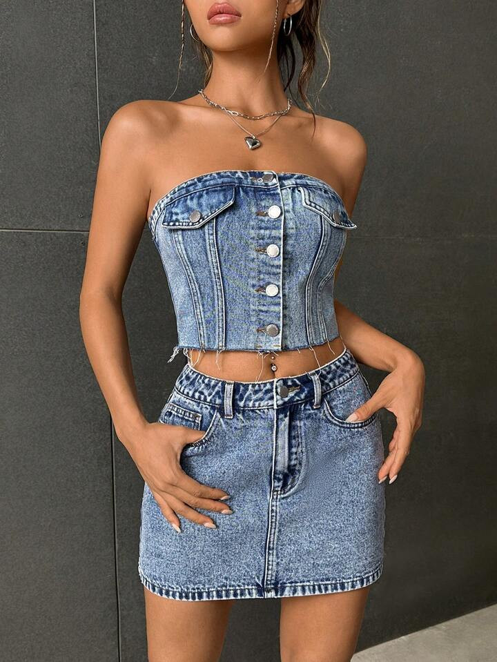 SHEIN EZwear Button Front Tube Denim Top & Skirt | SHEIN