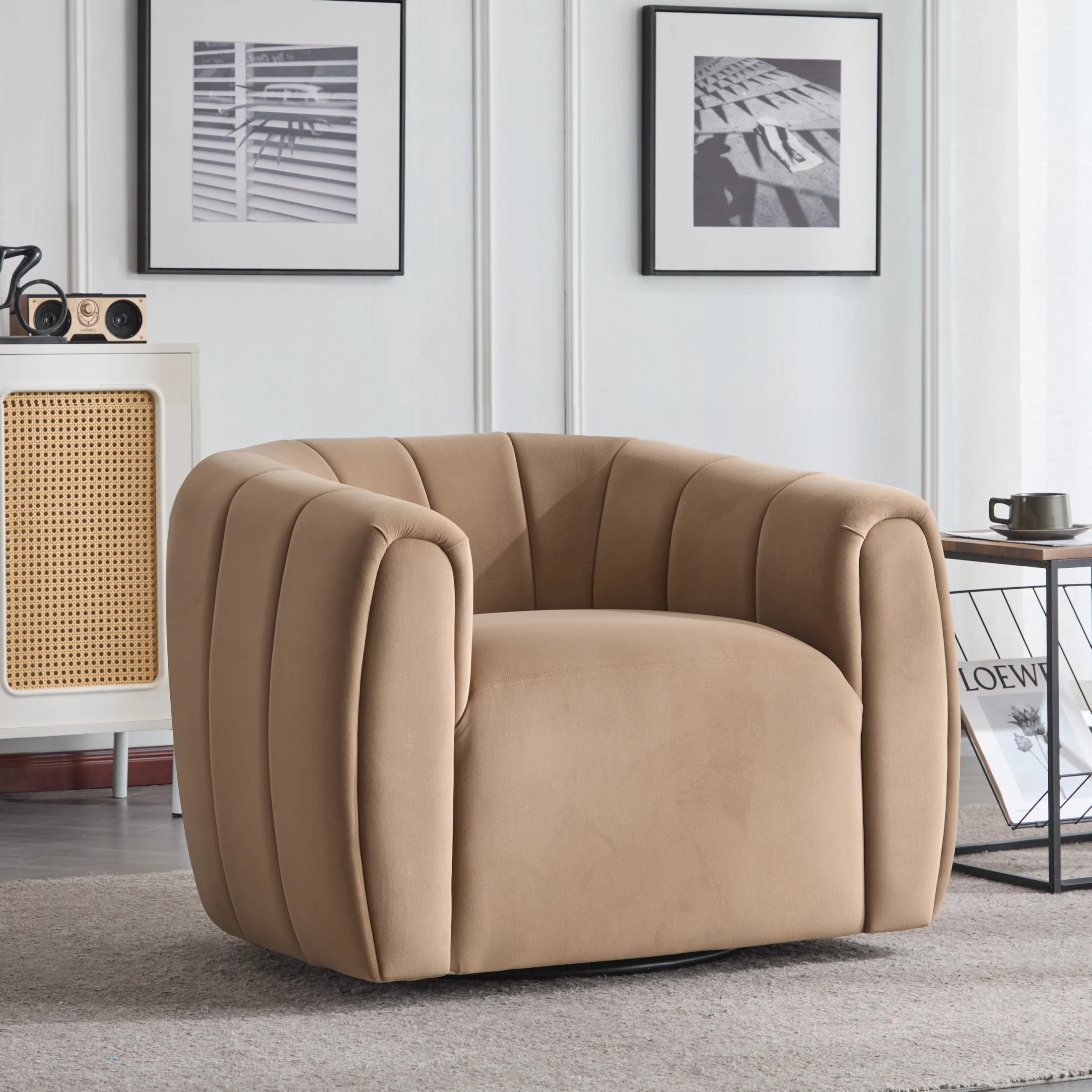 Rune Modern 360-Degree Swivel Barrel Club Chair, Velvet Upholstered Accent Chair, Camel | Walmart (US)