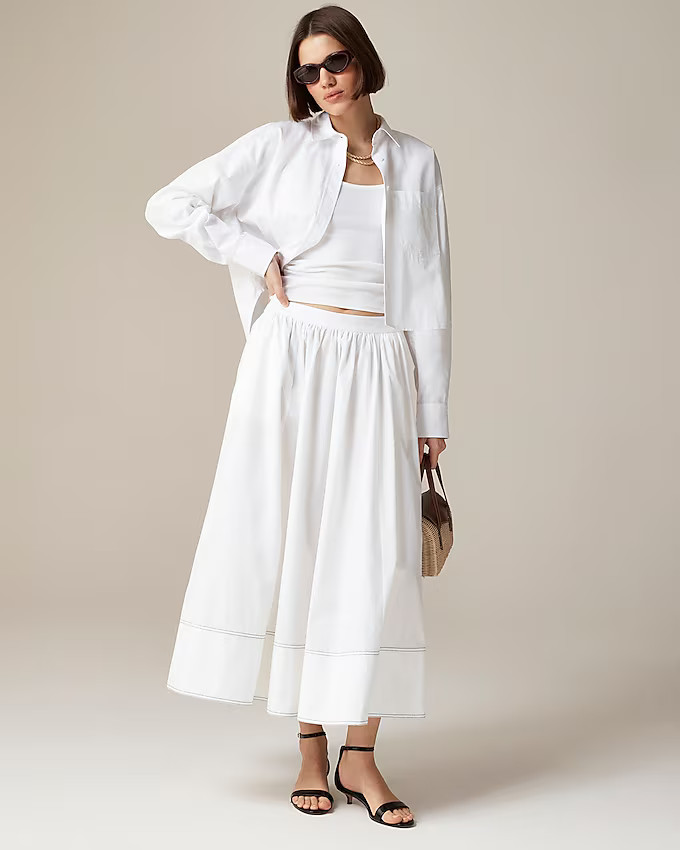 Contrast-stitch midi skirt in cotton poplin | J. Crew US