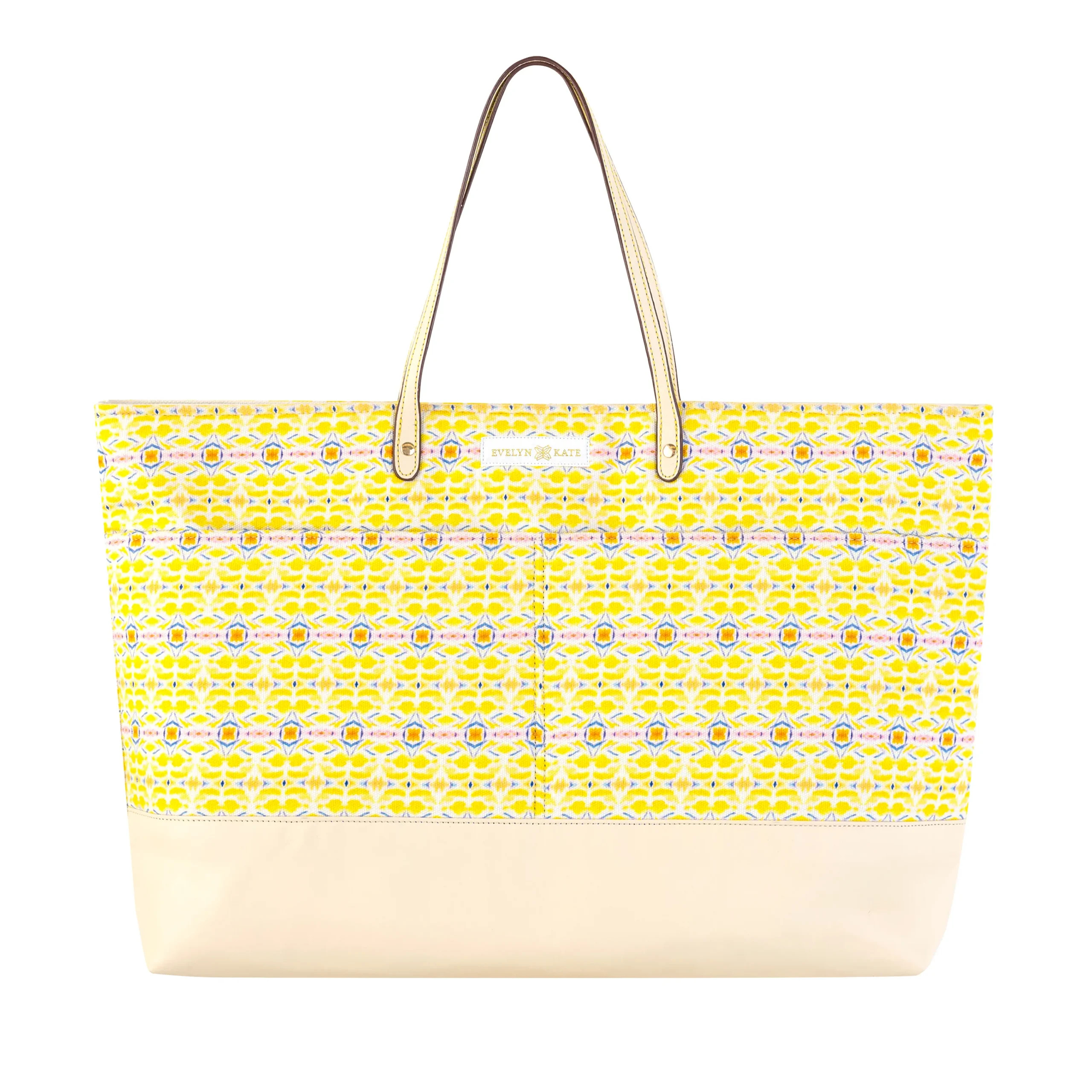Double Lemon with Marigold Canvas Tote with Leather Base | EVELYN & KATE (US)
