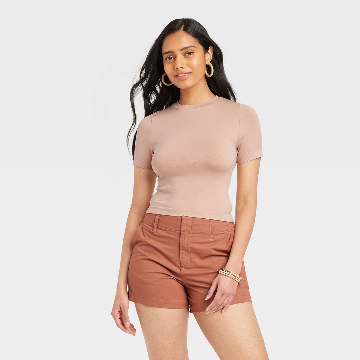 Women's Slim Fit Short Sleeve Baby T-Shirt - A New Day™ Light Beige XL | Target