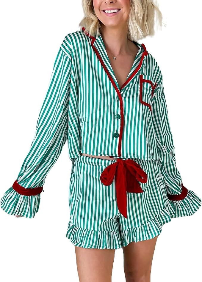 Faretumiya Women Striped Christmas Pajamas Velvet Bow Tie Pjs Long Sleeve Button Shirt Ruffle Sho... | Amazon (US)