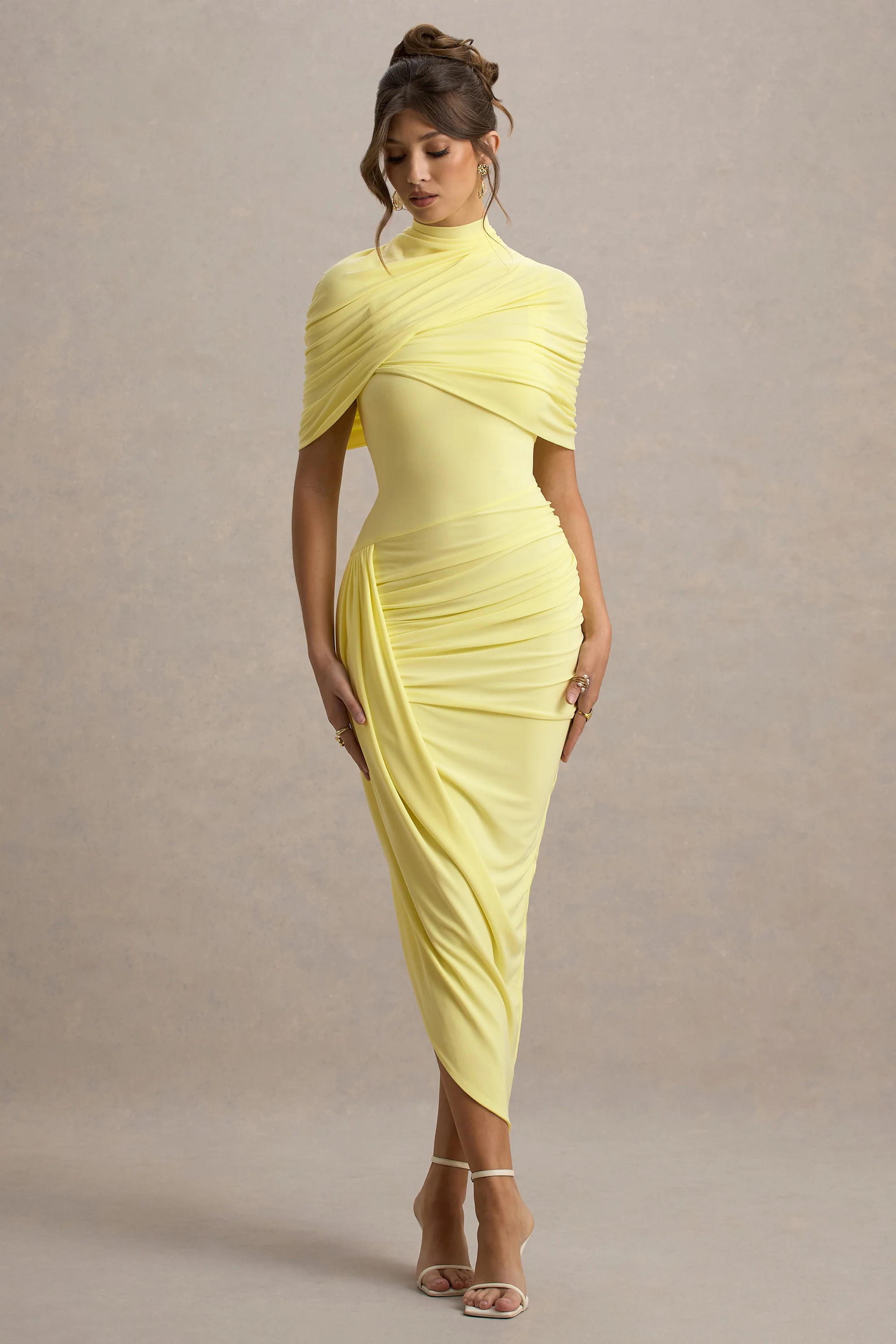 Enchant | Lemon Asymmetric Twisted Cape Midi Dress | Club L London