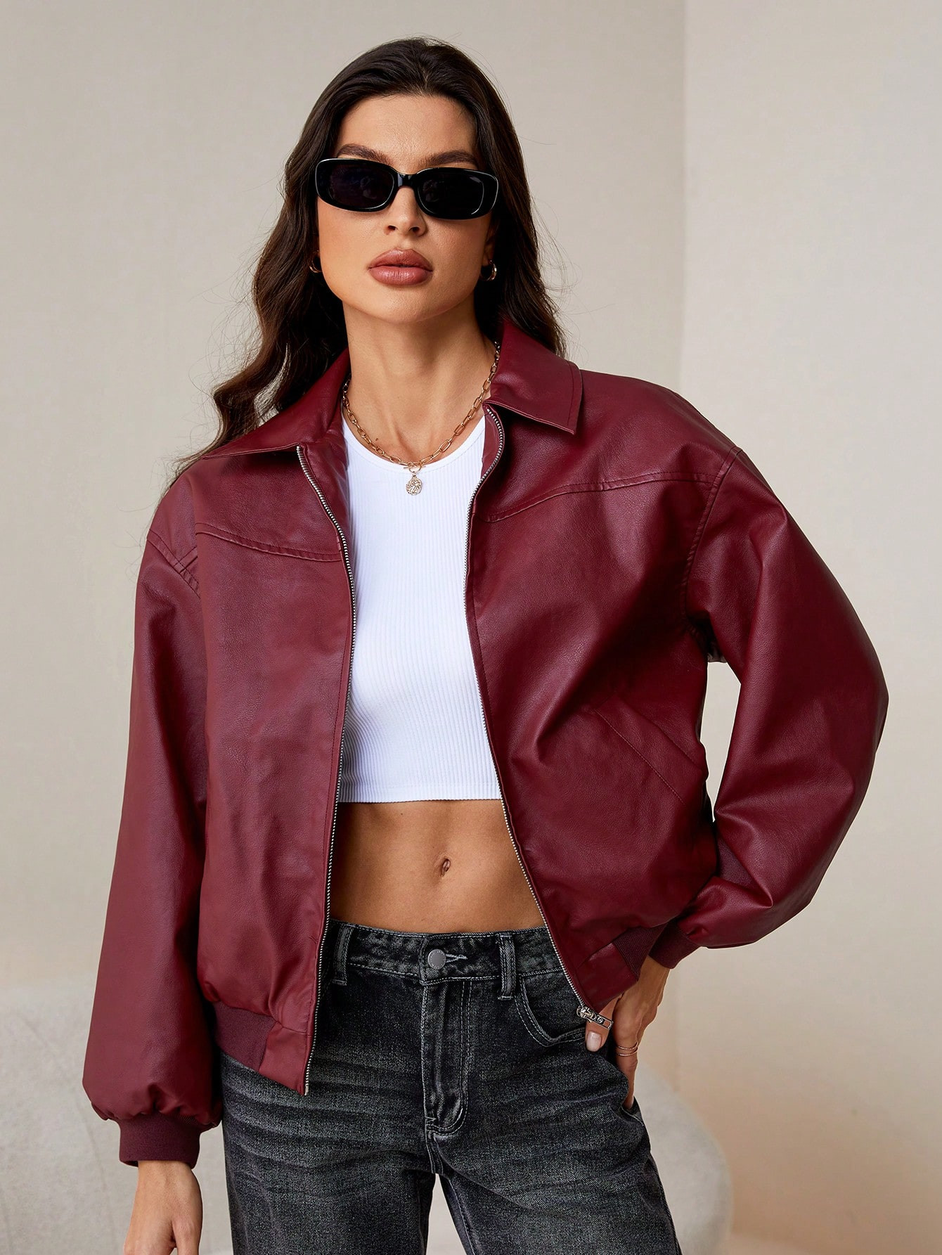 SHEIN Tall Women's Retro Red Leather Jacket Suitable For Autumn And Winter | SHEIN